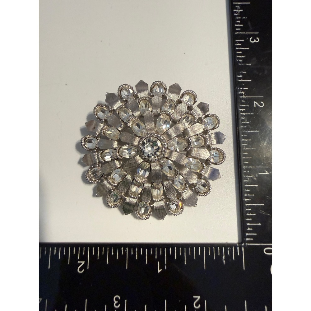 Vintage Trifari Silver Tone Rhinestone Sunburst Brooch Pin Mid Century Modern